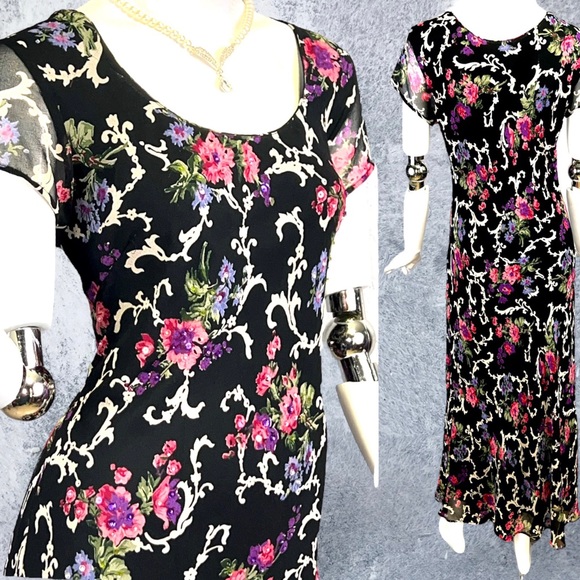 Vintage 90s Beaded Sequined Semi Sheer Floral Maxi Dress New Old Stock with Tag - Picture 4 of 5